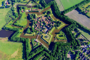Fototapeta premium Aerial view from the drone of star-shaped Fort Bourtange, Groningen, The Netherlands