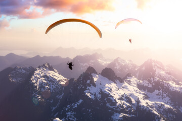 Adventure Composite Image of Paraglider Flying up high in the Rocky Mountains. Sunny Sunset Sky....