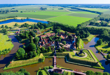 Aerial view from the drone of star-shaped Fort Bourtange, Groningen, The Netherlands - obrazy, fototapety, plakaty