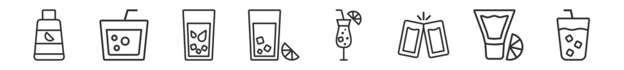 Fototapeta premium outline set of drinks line icons. linear vector icons such as juice bottle, caipirinha, ice tea, lemon juice, sex on the beach, beverage. vector illustration.