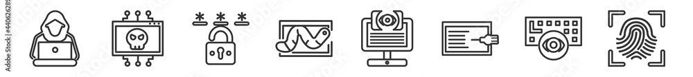 Aufkleber outline set of cyber line icons. linear vector icons such as hacking, hack, passwords, worm, stalkin