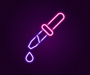 Glowing neon line Pipette icon isolated on black background. Element of medical, chemistry lab equipment. Pipette with drop. Medicine symbol. Colorful outline concept. Vector