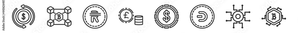 Poster outline set of blockchain line icons. linear vector icons such as currency circulate, blockchain, ru