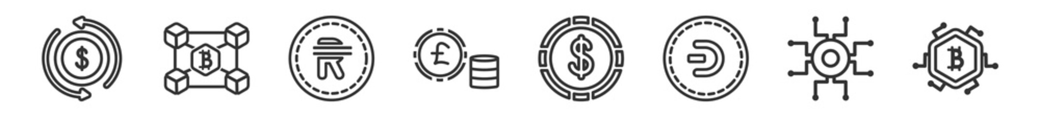 outline set of blockchain line icons. linear vector icons such as currency circulate, blockchain, rupee, pound, dollar, bitcoin. vector illustration.