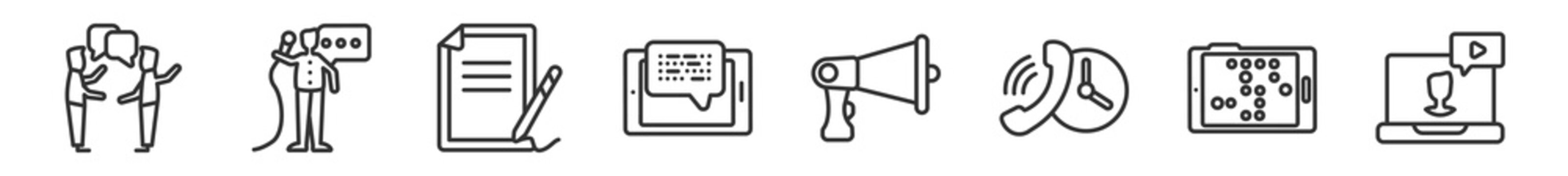 outline set of communication line icons. linear vector icons such as talking, news reporter, writing letter, morse code, bullhorn, video chat. vector illustration.