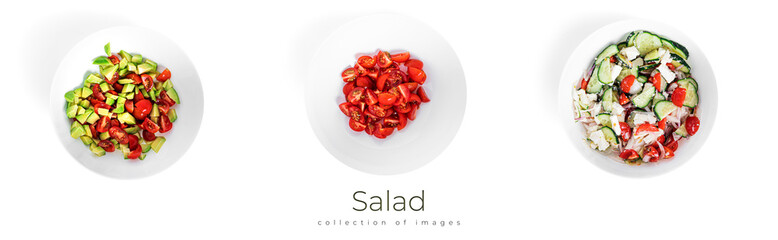 Salad with shripms, sliced tomatoes, onion and avocado isolated on a white background. - Powered by Adobe