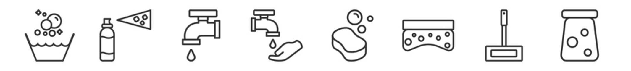outline set of cleaning line icons. linear vector icons such as soak, deodorizer, faucet, washing hand, sponge, preservatives. vector illustration.