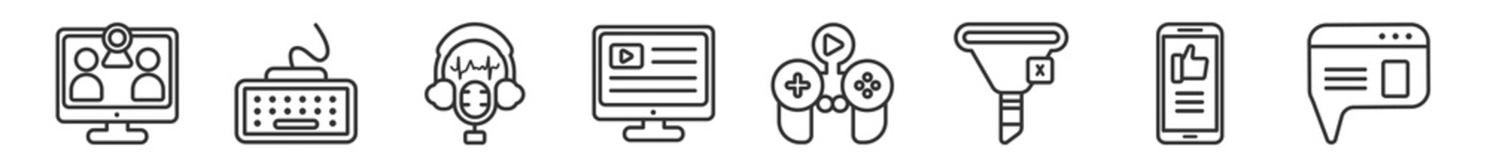 outline set of blogger and influencer line icons. linear vector icons such as webcam, keyboard, microphone, monitor, gameplay, post. vector illustration.