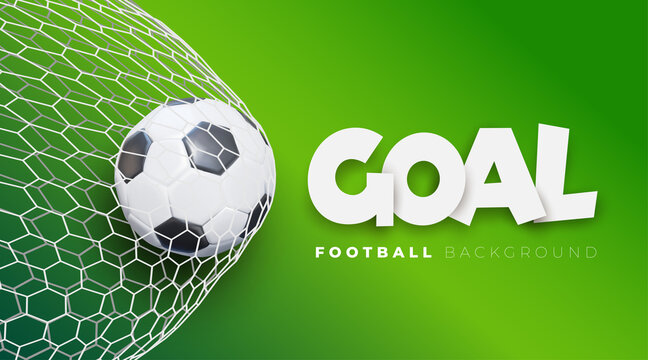 2020 Football goal background. Vector soccer banner with ball in net and place for text, sport game and football championship cut. Illustration stock concept of goal in green.