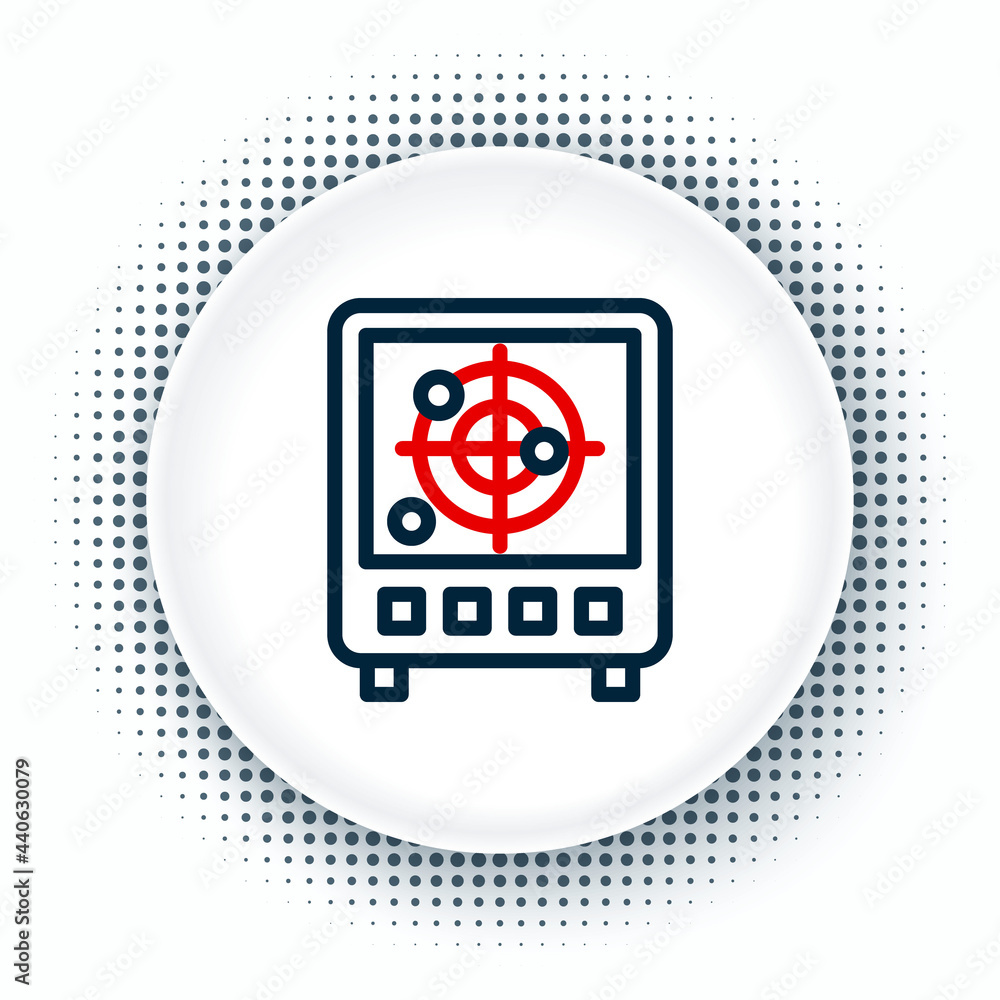 Poster line radar with targets on monitor in searching icon isolated on white background. search system. na