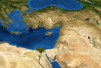 Middle East map in global satellite photo. Elements of this image furnished by NASA.