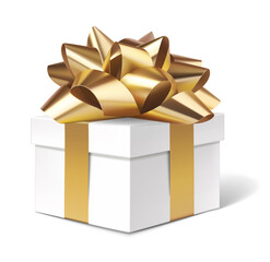 Decorative white gift box with golden bow isolated on white for Christmas sale design. Vector illustration	