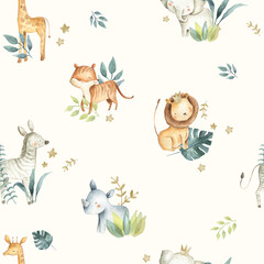 Safari Animals Watercolor Baby Nursery Seamless Pattern Cream - obrazy, fototapety, plakaty