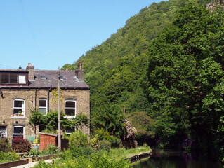 Fototapeta na wymiar a canal path surrounded by summer flowers with a row of old stone houses at eastwood in hebden bridge west yorkshire