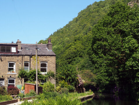a canal path surrounded by summer flowers with a row of old stone houses at eastwood in hebden bridge west yorkshire