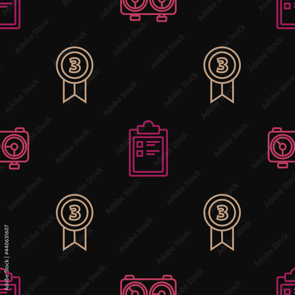 Aufkleber set line time chess clock, medal and sport training program on seamless pattern. vector