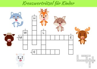 Obraz na płótnie Canvas Crossword for kids in German with pictures of animals. Educational game for study German language and words. Children activity printable worksheet. Includes answers. Vector stock illustration