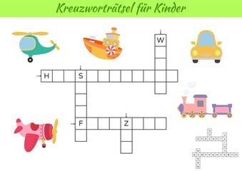 Naklejka premium Crossword for kids in German with pictures of transport. Educational game for study German language and words. Children activity printable worksheet. Includes answers. Vector stock illustration