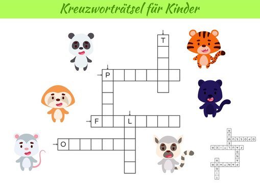 Crossword for kids in German with pictures of animals. Educational game for study German language and words. Children activity printable worksheet. Includes answers. Vector stock illustration