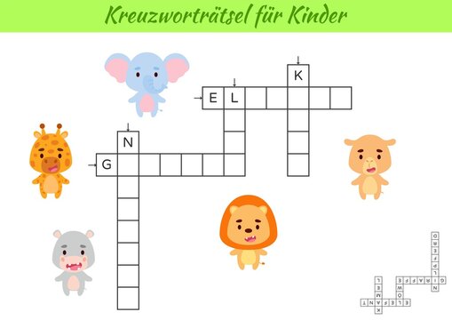Crossword for kids in German with pictures of animals. Educational game for study German language and words. Children activity printable worksheet. Includes answers. Vector stock illustration