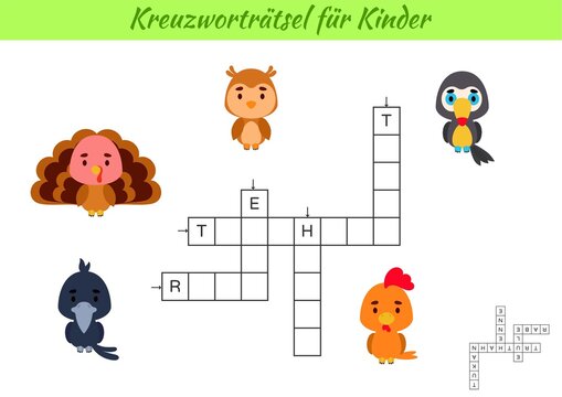 Crossword for kids in German with pictures of birds. Educational game for study German language and words. Children activity printable worksheet. Includes answers. Vector stock illustration