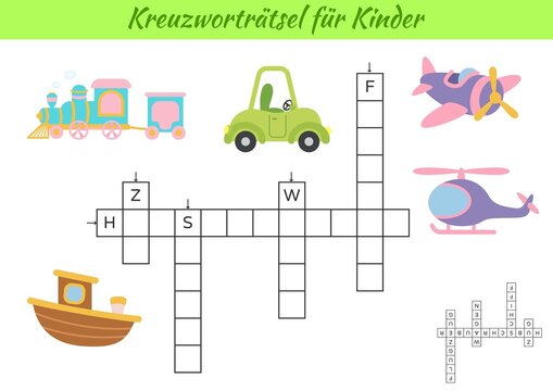 Crossword for kids in German with pictures of transport. Educational game for study German language and words. Children activity printable worksheet. Includes answers. Vector stock illustration