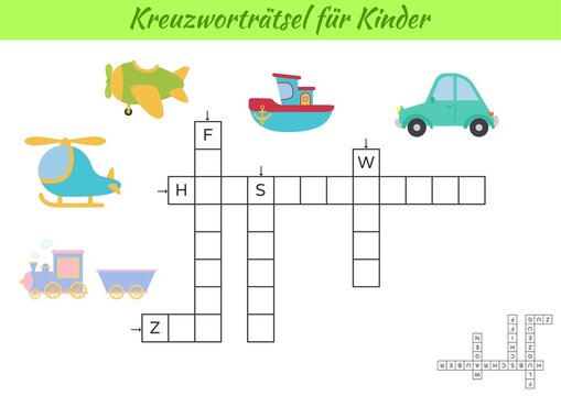 Crossword for kids in German with pictures of transport. Educational game for study German language and words. Children activity printable worksheet. Includes answers. Vector stock illustration