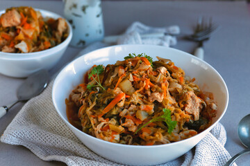 cabbage stew. A quick and tasty dinner of cabbage and chicken breasts.