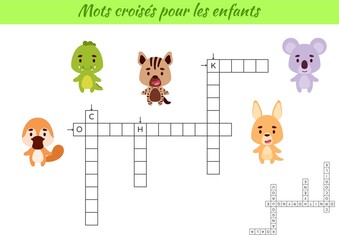 Obraz na płótnie Canvas Crossword for kids in French with pictures of animals. Educational game for study French language and words. Children activity printable worksheet. Includes answers. Vector stock illustration