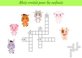 Obraz na płótnie Canvas Crossword for kids in French with pictures of animals. Educational game for study French language and words. Children activity printable worksheet. Includes answers. Vector stock illustration
