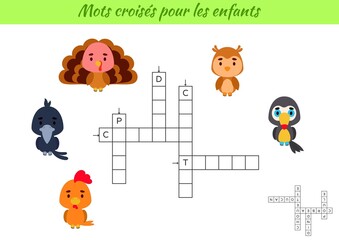 Crossword for kids in French with pictures of birds. Educational game for study French language and words. Children activity printable worksheet. Includes answers. Vector stock illustration