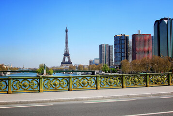 View of the eiffel tower and the Statue of Liberty on Swan Island from the bridge in Paris