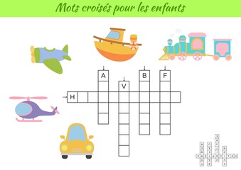 Crossword for kids in French with pictures of transport. Educational game for study French language and words. Children activity printable worksheet. Includes answers. Vector stock illustration