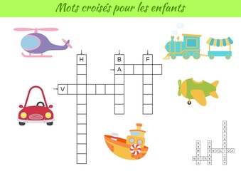 Naklejka premium Crossword for kids in French with pictures of transport. Educational game for study French language and words. Children activity printable worksheet. Includes answers. Vector stock illustration