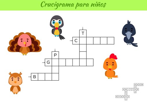 Crossword for kids in Spanish with pictures of birds. Educational game for study Spanish language and words. Children activity printable worksheet. Includes answers. Vector stock illustration