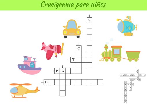 Crossword for kids in Spanish with pictures of transport. Educational game for study Spanish language and words. Children activity printable worksheet. Includes answers. Vector stock illustration