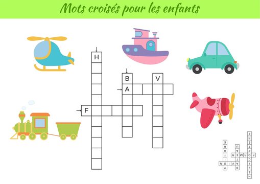 Crossword for kids in French with pictures of transport. Educational game for study French language and words. Children activity printable worksheet. Includes answers. Vector stock illustration