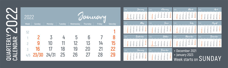 Quarterly calendar for the 2022 year. English Language. Week Starts on Sunday. Weeks, December 2021, January 2023. Vector editable calender template.