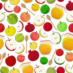 Rosh Hashanah pattern. Jewish New Year background. Jewish Holiday, Happy Rosh Hashanah print. Honey, apples pomegranate, colorful seamless backdrop. Traditional celebrated Rosh Hashanah eating.