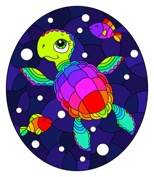 Illustration in the style of stained glass with bright cartoon turtle on the background of the sea floor, fish and water, oval image