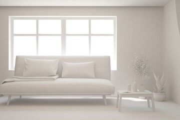 White minimalist living room with sofa. Scandinavian interior design. 3D illustration