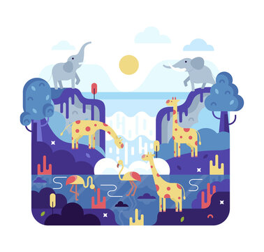 Vector flat cartoon illustration, giraffe, elephant and pink flamingos near waterfall 