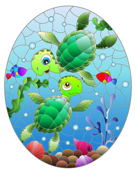 Illustration in the style of stained glass with green cartoon turtles on the background of the sea floor, fish and water, oval image