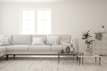 White living room with sofa. Scandinavian interior design. 3D illustration