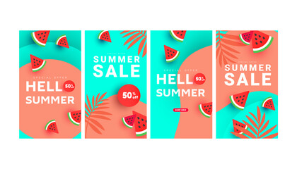 Summer sale banner stories art templates with floral tree, watermelon slices pattern and geometric elements for social media