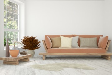 White living room with sofa. Scandinavian interior design. 3D illustration