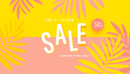 Fototapeta na wymiar Summer sale vector illustration with tropical leaves background. Promotion banner for website, flyer and poster.