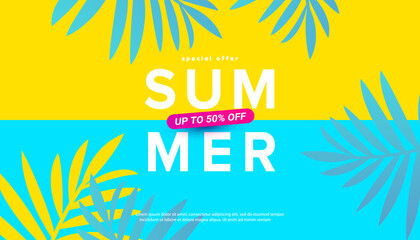Fototapeta na wymiar Summer sale vector illustration with tropical leaves background. Promotion banner for website, flyer and poster.