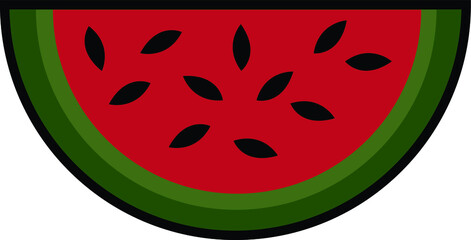 A vector sticker illustration of a cut slice of green red watermelon with flowery seeds