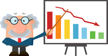 Sad Professor Or Scientist Cartoon Character With Pointer Presenting A Falling Chart. Vector Flat Design Illustration Isolated On Transparent Background